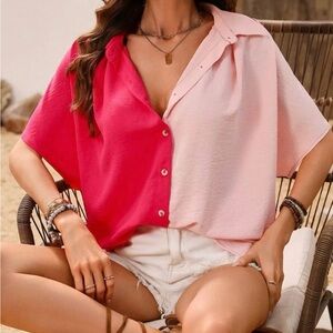 Two-Tone Pink Button-Down Camp Collar Blouse
